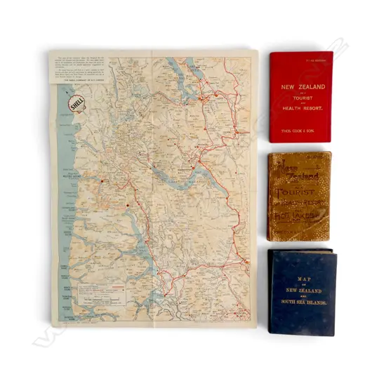 VINTAGE MAP ON LINEN NZ & SOUTH SEA ISLANDS + EXTENSIVE MAP OF QUEENSTOWN AREA + 2 Thomas Cook c1900 Tourist & Heath books