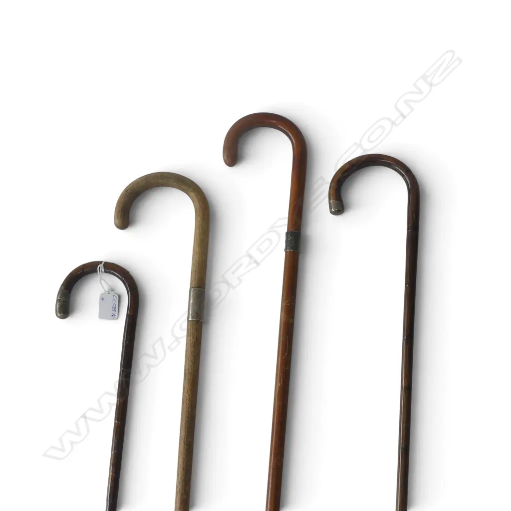 4 VINTAGE WOOD WALKING STICKS W CURVED HANDLES & SILVER FITTINGS Image 1++