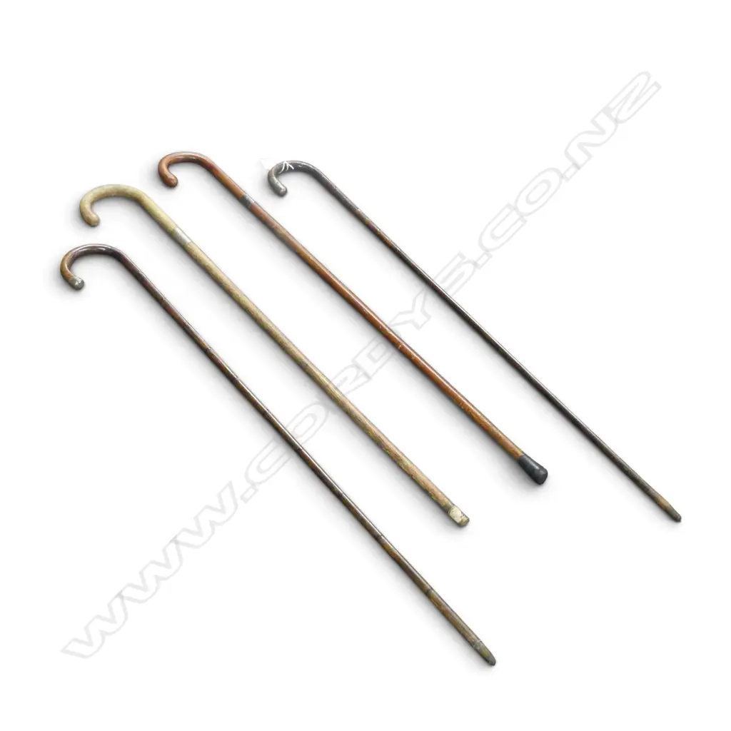 4 VINTAGE WOOD WALKING STICKS W CURVED HANDLES & SILVER FITTINGS Image 1++