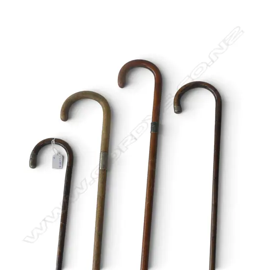 4 VINTAGE WOOD WALKING STICKS W CURVED HANDLES & SILVER FITTINGS