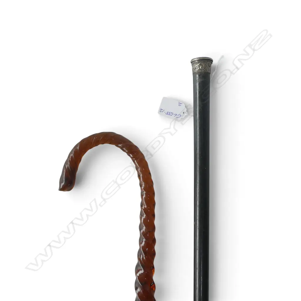 2 ANTIQUE WALKING STICKS: dark amber glass - broken + ebony w silver top Image 1++