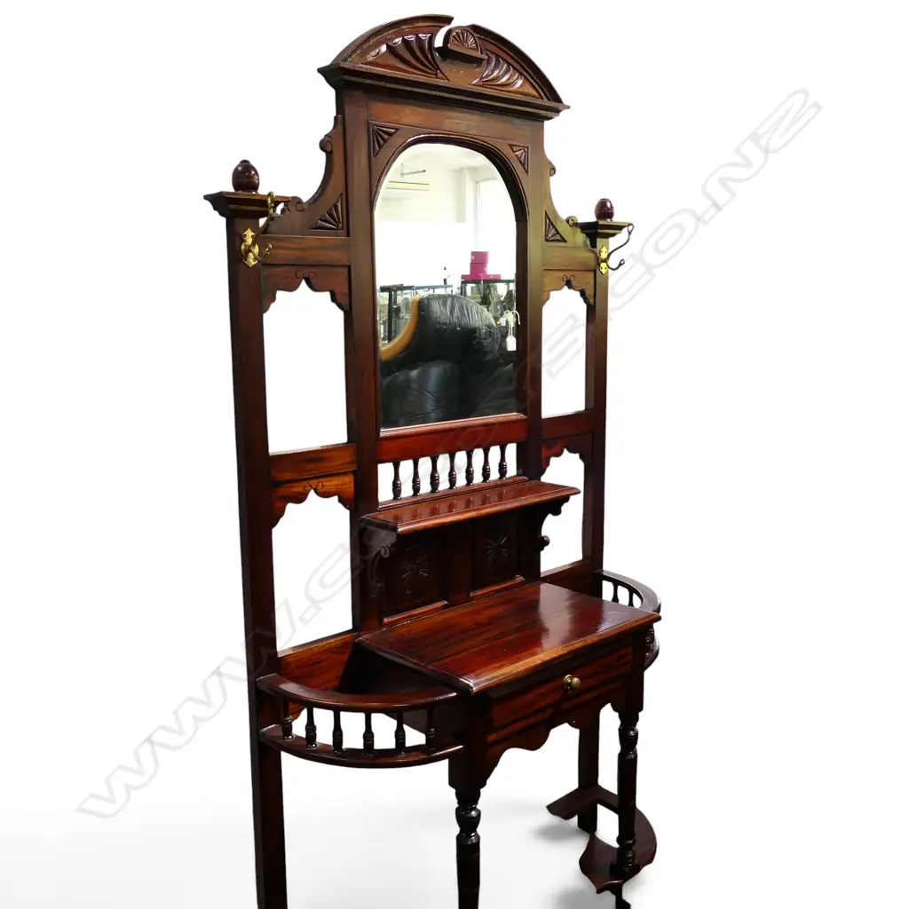REPRODUCTION CARVED HARDWOOD VICTORIAN STYLE TALL HALLSTAND turned supports. H.2270mm. Image 1++