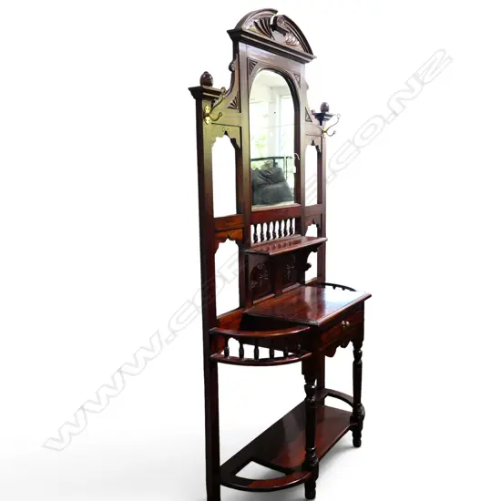 REPRODUCTION CARVED HARDWOOD VICTORIAN STYLE TALL HALLSTAND turned supports. H.2270mm.