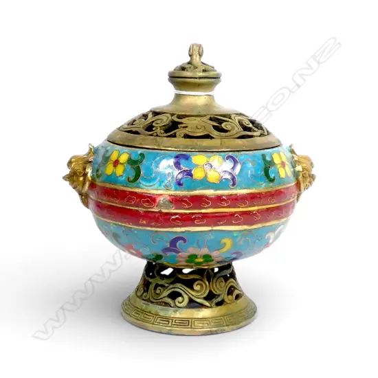 ORIENTAL LIDDED BRONZE / CLOISONNE INCENSE BURNER H.175mm