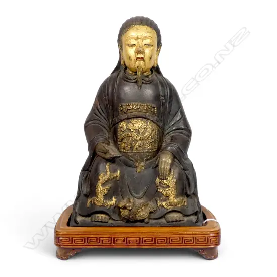 CARVED WOODEN ORIENTAL FIGURE ON STAND H.320mm