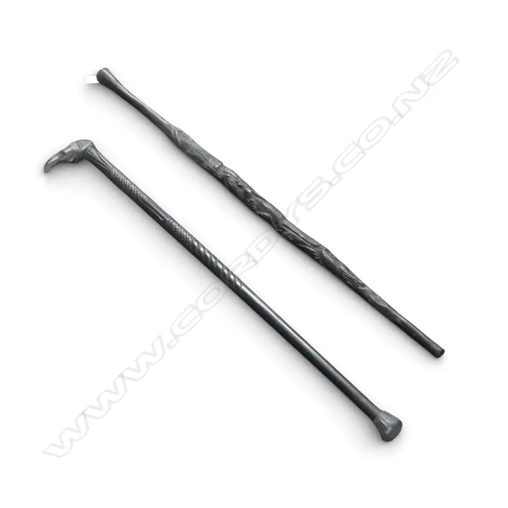 2 VINTAGE AFRICAN EBONY CARVED WALKING STICKS: 1 w figures + 1 w elephant handle. Trunk end faulted Image 1++