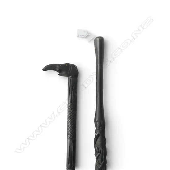 2 VINTAGE AFRICAN EBONY CARVED WALKING STICKS: 1 w figures + 1 w elephant handle. Trunk end faulted