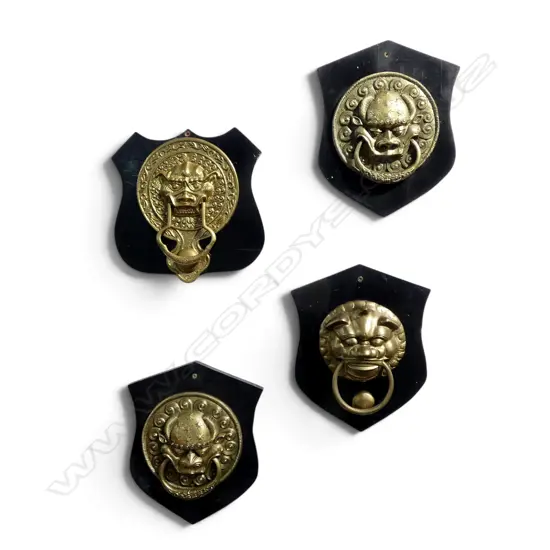 4 ORIENTAL BRASS DOOR KNOCKERS ON WOODEN SHIELDS 290x235mm