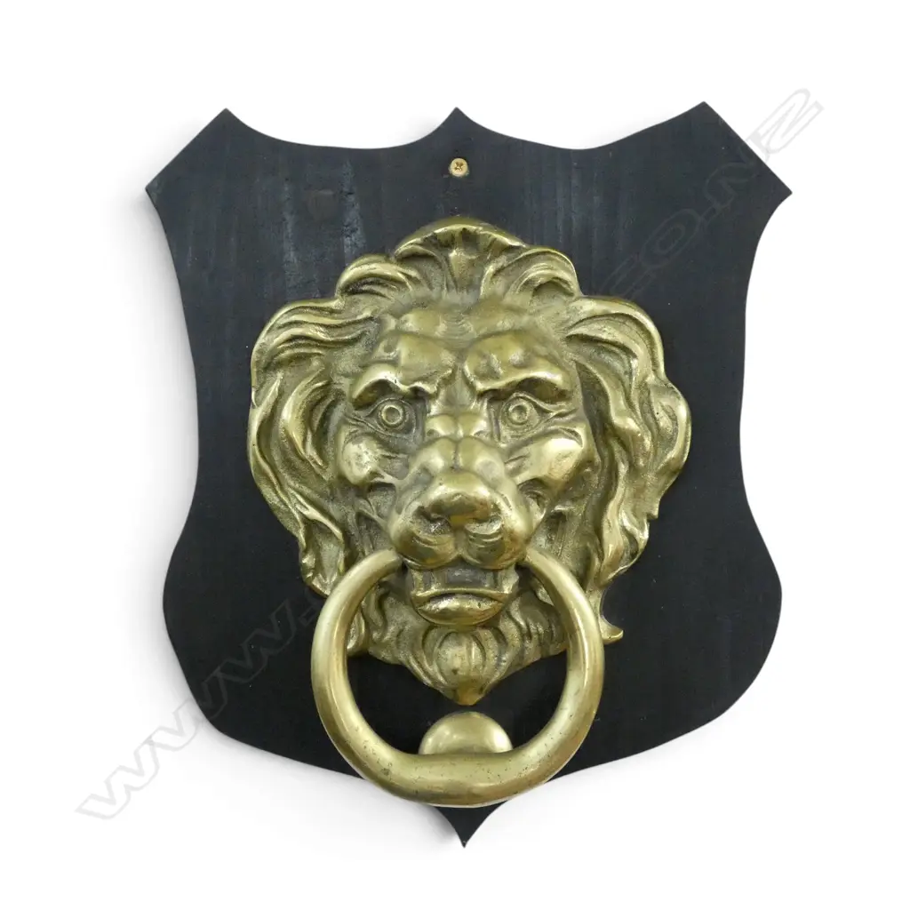 BRASS LION DOOR KNOCKER 280mm ON WOODEN SHEILD Image 1++