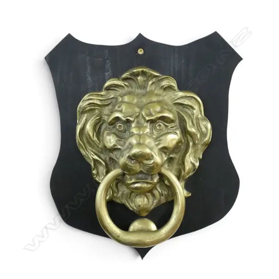 BRASS LION DOOR KNOCKER 280mm ON WOODEN SHEILD