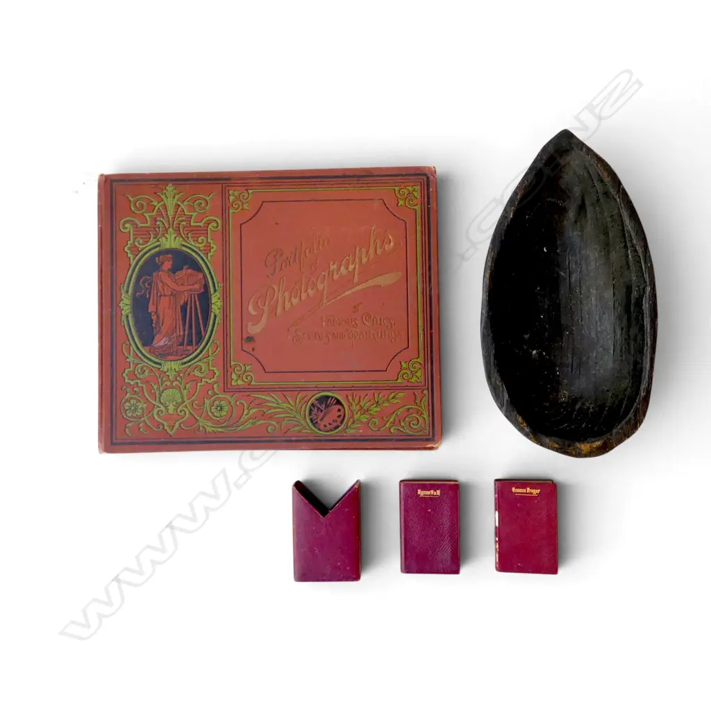 PORTFOLIO OF PHOTOGRAPHS OF FAMOUS CITIES, SCENES AND PAINTINGS, PRAYER BOOKS, CARVED BOWL Image 1++