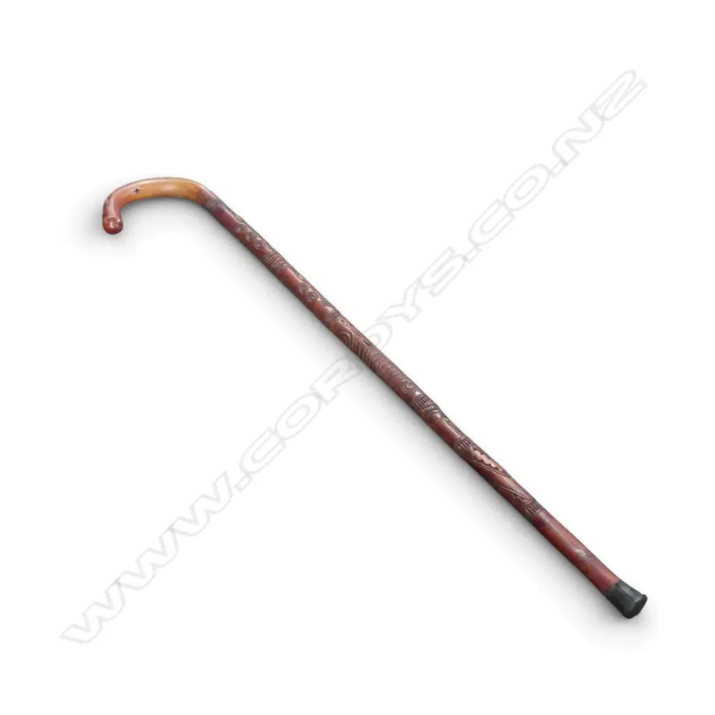 VINTAGE MAORI CARVED WALKING STICK fully carved w masks & notches. Curved handle Image 1++
