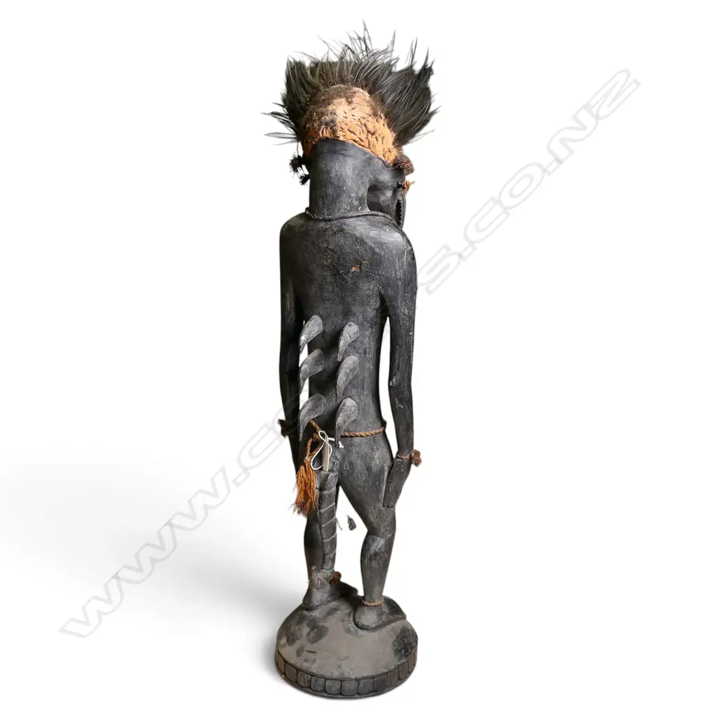 MINDIMBIT VILLAGE (PNG) CARVED WOODEN ANCESTRAL FIGURE WITH FEATHERED HEADDRESS/ COWRIE SHELLS & NECKLACE, H 750 X 180MM Image 1++