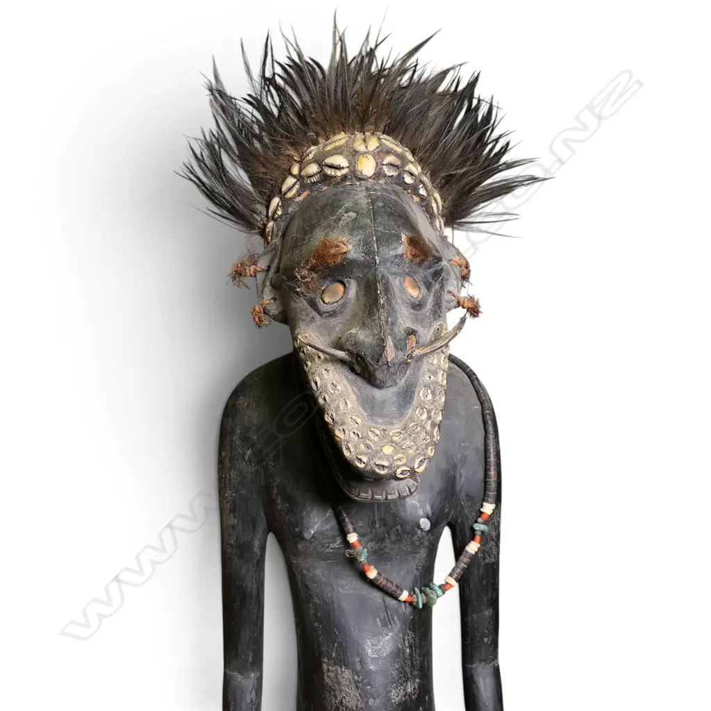 MINDIMBIT VILLAGE (PNG) CARVED WOODEN ANCESTRAL FIGURE WITH FEATHERED HEADDRESS/ COWRIE SHELLS & NECKLACE, H 750 X 180MM Image 1++
