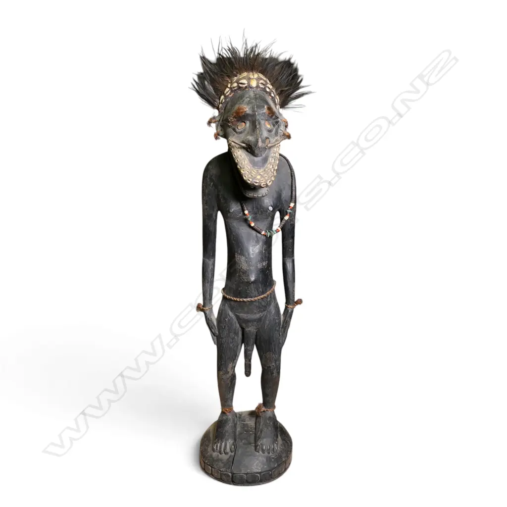 MINDIMBIT VILLAGE (PNG) CARVED WOODEN ANCESTRAL FIGURE WITH FEATHERED HEADDRESS/ COWRIE SHELLS & NECKLACE, H 750 X 180MM Image 1++