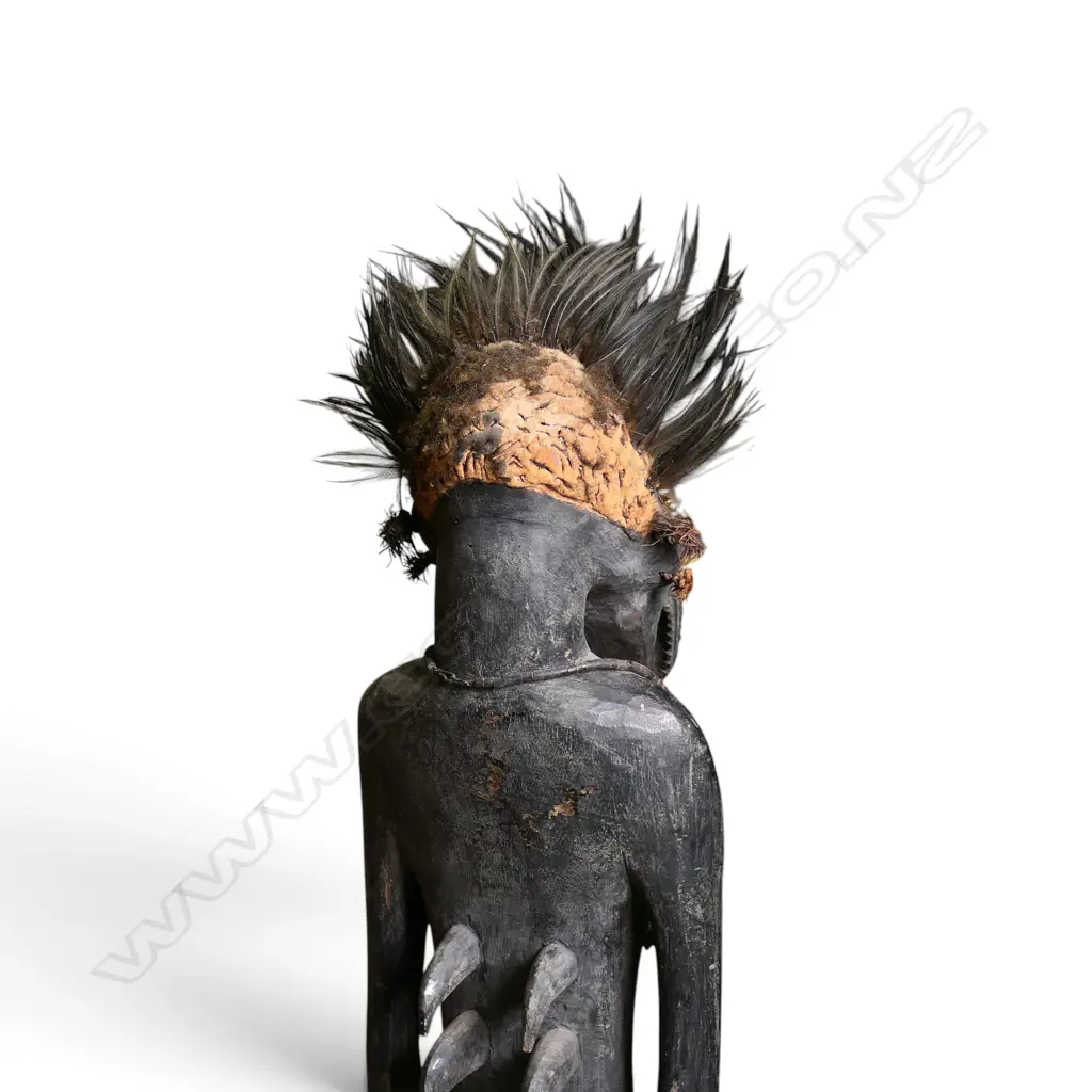 MINDIMBIT VILLAGE (PNG) CARVED WOODEN ANCESTRAL FIGURE WITH FEATHERED HEADDRESS/ COWRIE SHELLS & NECKLACE, H 750 X 180MM Image 1++