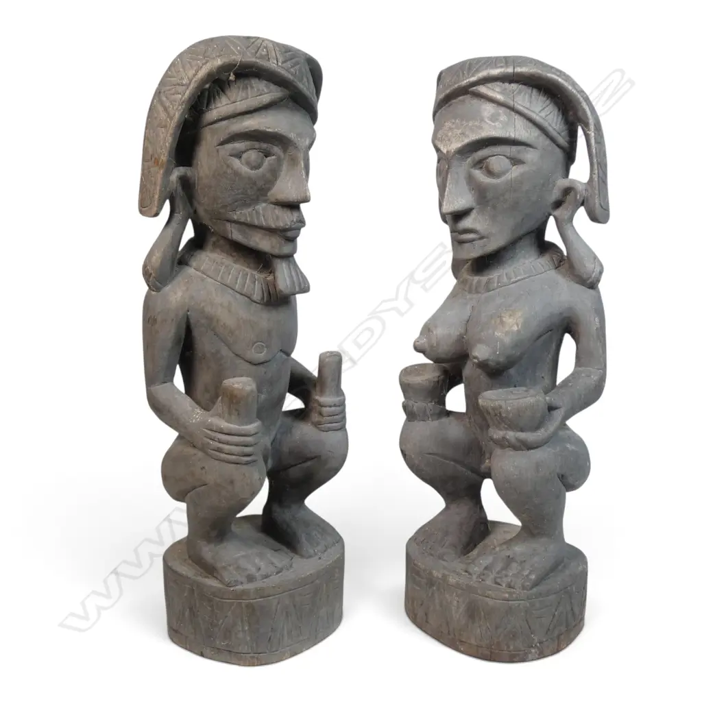 IMPRESSIVE PAIR OF WOODEN HAND CARVED NIAS PEOPLE MALE & FEMALE ADU ZATUA ANCESTOR FIGURES, SUMATRA, 150 X 500MM Image 1++