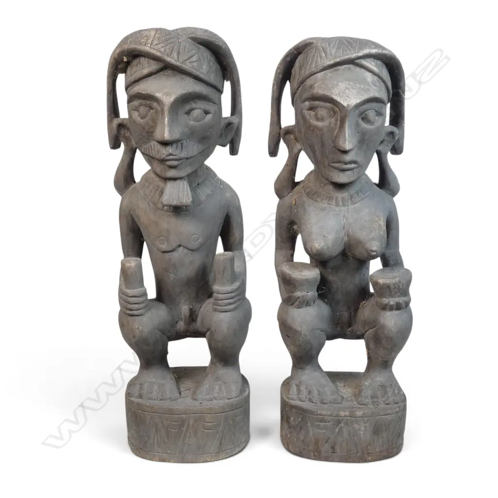 IMPRESSIVE PAIR OF WOODEN HAND CARVED NIAS PEOPLE MALE & FEMALE ADU ZATUA ANCESTOR FIGURES, SUMATRA, 150 X 500MM Image 1++
