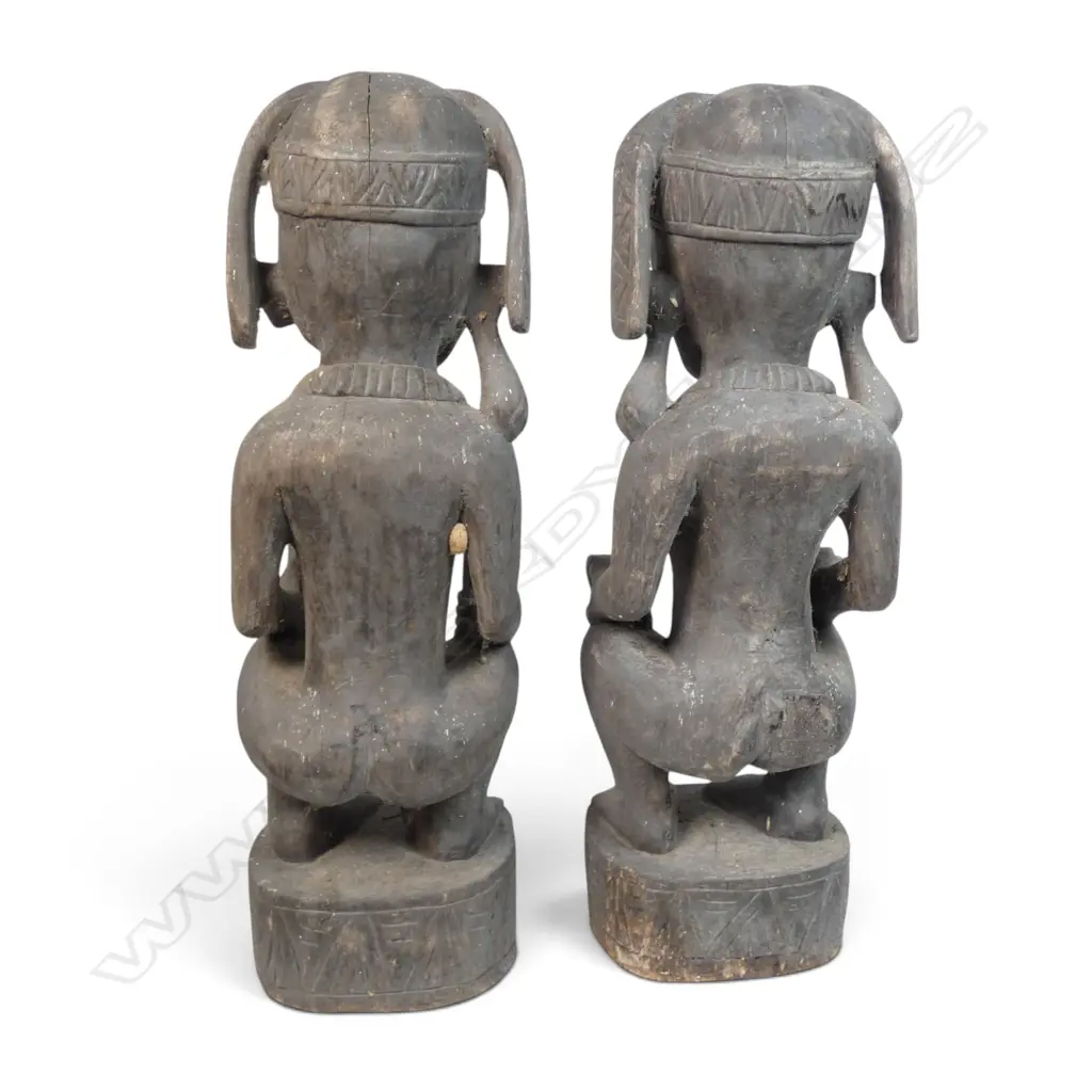 IMPRESSIVE PAIR OF WOODEN HAND CARVED NIAS PEOPLE MALE & FEMALE ADU ZATUA ANCESTOR FIGURES, SUMATRA, 150 X 500MM Image 1++
