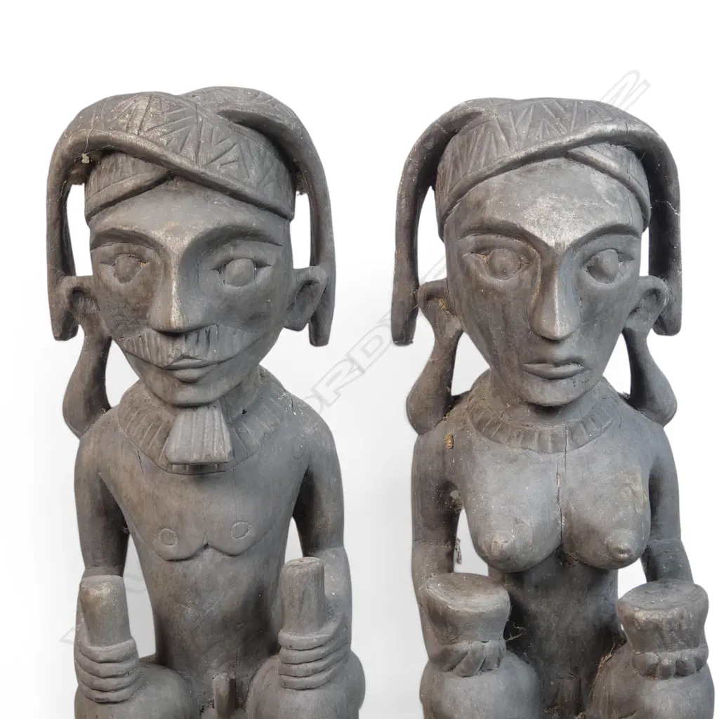 IMPRESSIVE PAIR OF WOODEN HAND CARVED NIAS PEOPLE MALE & FEMALE ADU ZATUA ANCESTOR FIGURES, SUMATRA, 150 X 500MM Image 1++
