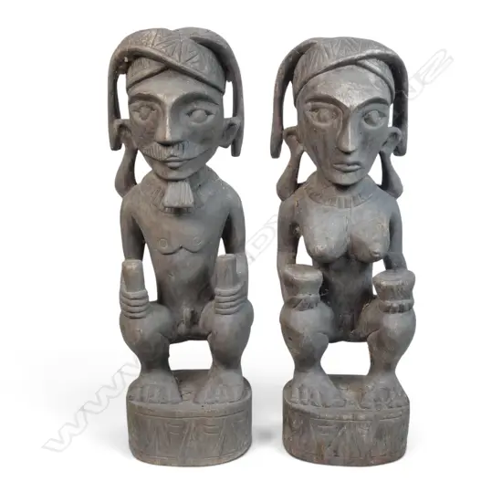 IMPRESSIVE PAIR OF WOODEN HAND CARVED NIAS PEOPLE MALE & FEMALE ADU ZATUA ANCESTOR FIGURES, SUMATRA, 150 X 500MM