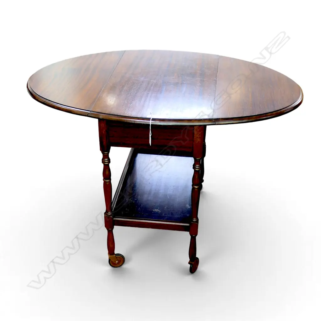 MAHOGANY DROP SIDE TEA TROLLEY W.765mm + WOODEN STOOL w. DRAWER W.455mm Image 1++