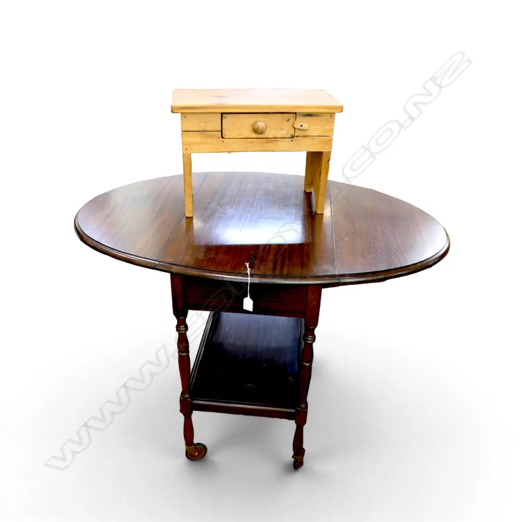 MAHOGANY DROP SIDE TEA TROLLEY W.765mm + WOODEN STOOL w. DRAWER W.455mm Image 1++