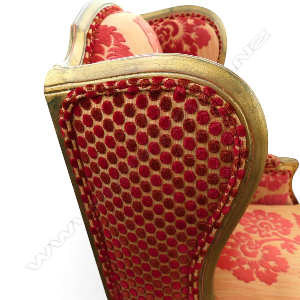 LATE 20thC FRENCH STYLE DECORATIVE WING BACK CHAIR gilt frame red cut velvet upholstery Image 1++
