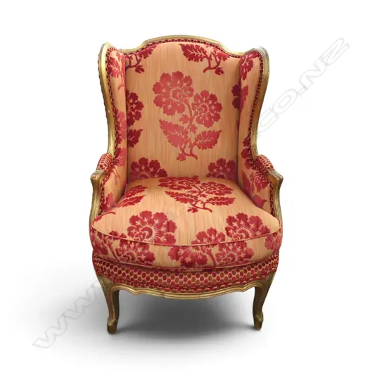 LATE 20thC FRENCH STYLE DECORATIVE WING BACK CHAIR gilt frame red cut velvet upholstery