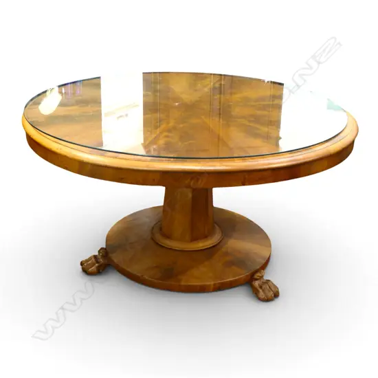 REGENCY MAHOGANY TABLE faded, glass top Dia.