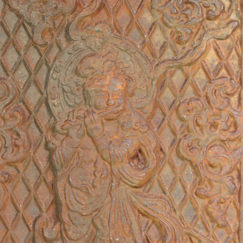 4 ORIENTAL METAL PCES; PANEL 290x180mm, FIGURE H.225mm, BOWL, ARCHAIC STYLE MIRROR Image 1++