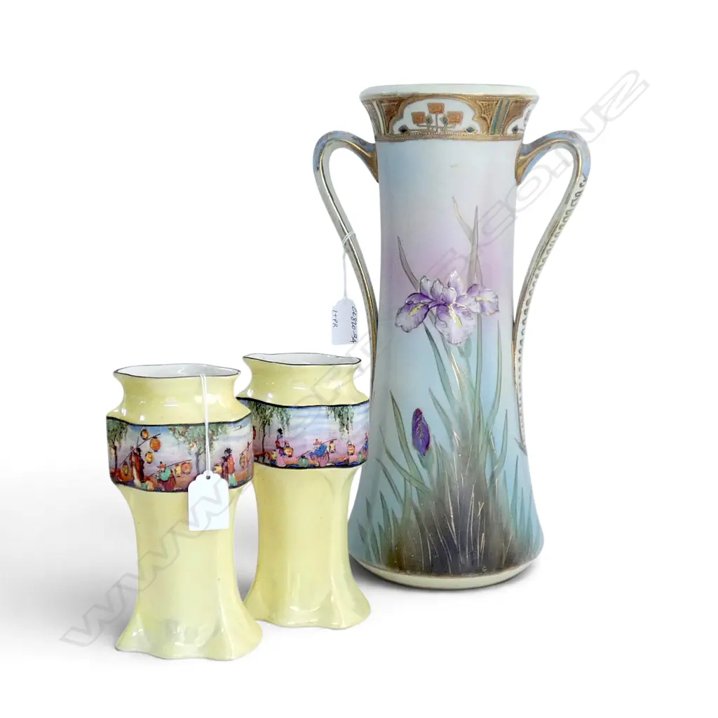 TALL ART NOUVEAU JAPANESE HAND PAINTED VASE & PR ENGLISH ART DECO VASES both w sml chips to rims, H.360/180mm Image 1++