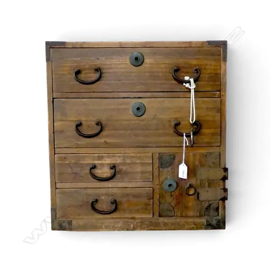 VINTAGE JAPANESE SMALL WOODEN TANSU CHEST. With key H.470mm