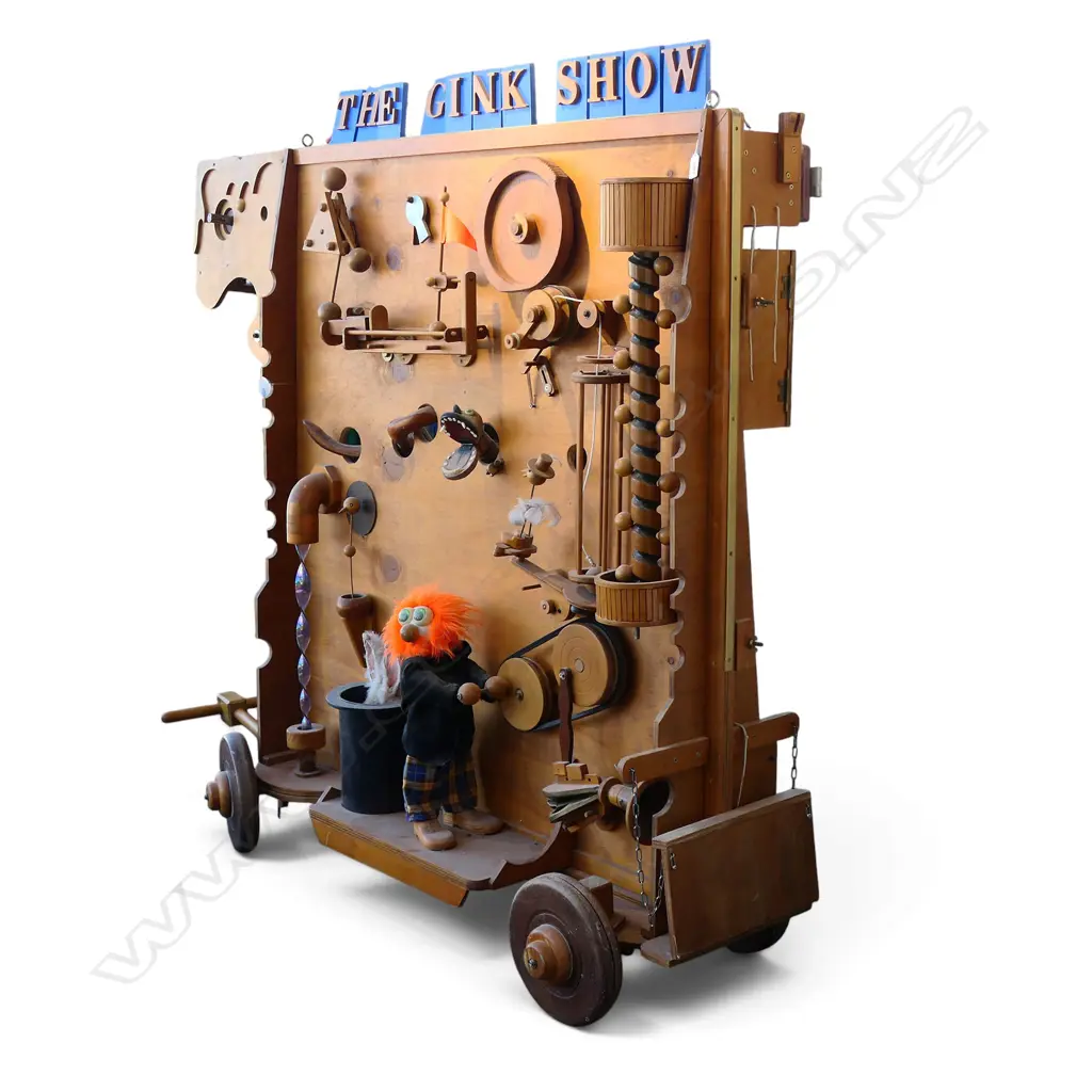 UNIQUE VINTAGE CRAFTSMAN MADE THEATRICAL CIRCUS CONSTRUCTION 'THE GINK SHOW' w. multiple moving parts all upon a pull along trolley incl. a muppet type "Organ Grinder" 1400x540x1470mm. Image 1++