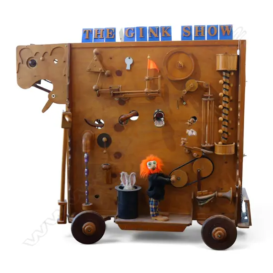 UNIQUE VINTAGE CRAFTSMAN MADE THEATRICAL CIRCUS CONSTRUCTION 'THE GINK SHOW' w. multiple moving parts all upon a pull along trolley incl. a muppet type "Organ Grinder" 1400x540x1470mm.