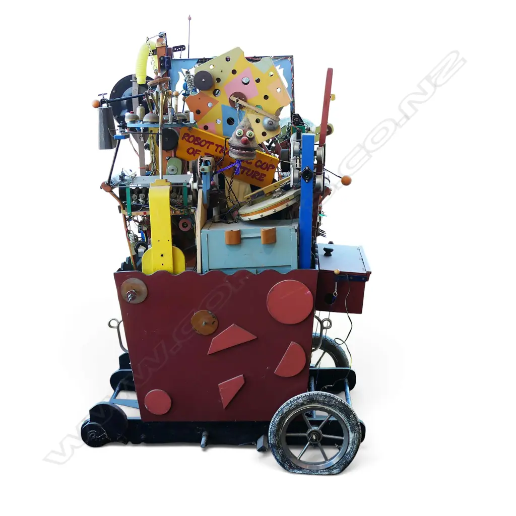 UNIQUE VINTAGE CRAFTSMAN MADE THEATRICAL CIRCUS CONSTRUCTION 'WILLY'S WACKY SOUND MACHINE' w. multiple moving & electrical parts all upon a trolley. 940x680x1340mm. Not tested. Image 1++