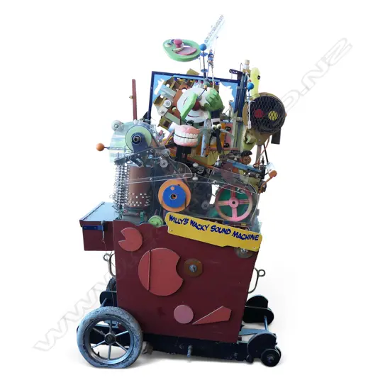 UNIQUE VINTAGE CRAFTSMAN MADE THEATRICAL CIRCUS CONSTRUCTION 'WILLY'S WACKY SOUND MACHINE' w. multiple moving & electrical parts all upon a trolley. 940x680x1340mm. Not tested.