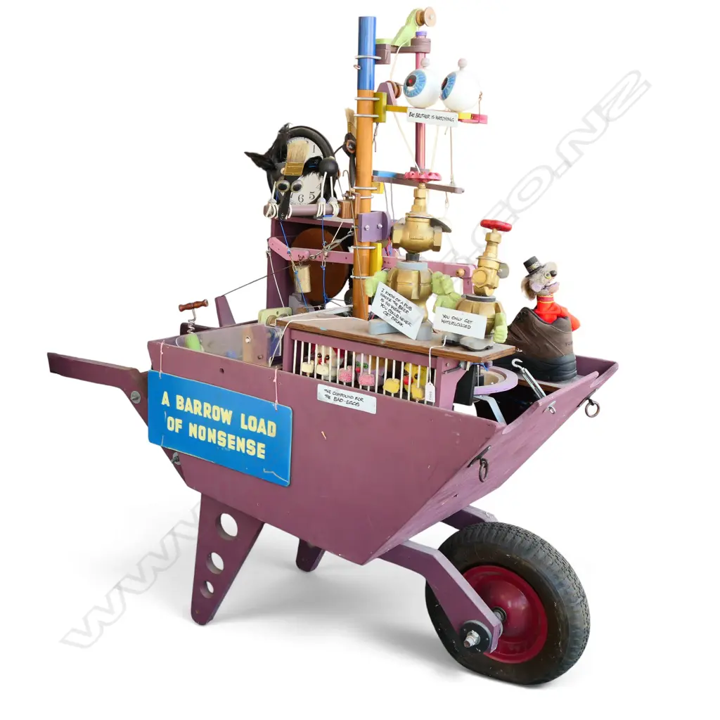 UNIQUE VINTAGE CRAFTSMAN MADE THEATRICAL CIRCUS CONSTRUCTION 'A BARROW LOAD OF NONSENSE' w. multiple moving & electrical parts all upon a trolley. 1380x600x1440mm. Not tested. Image 1++