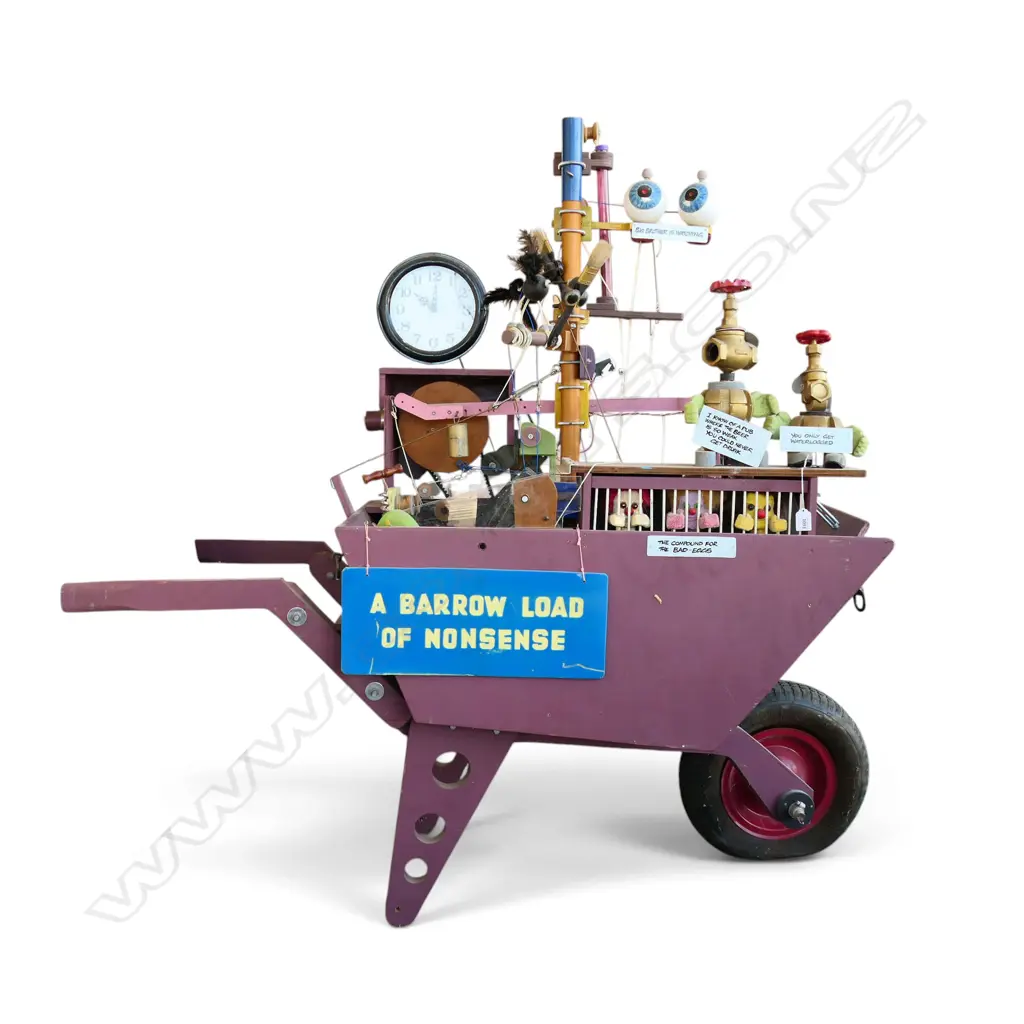 UNIQUE VINTAGE CRAFTSMAN MADE THEATRICAL CIRCUS CONSTRUCTION 'A BARROW LOAD OF NONSENSE' w. multiple moving & electrical parts all upon a trolley. 1380x600x1440mm. Not tested. Image 1++