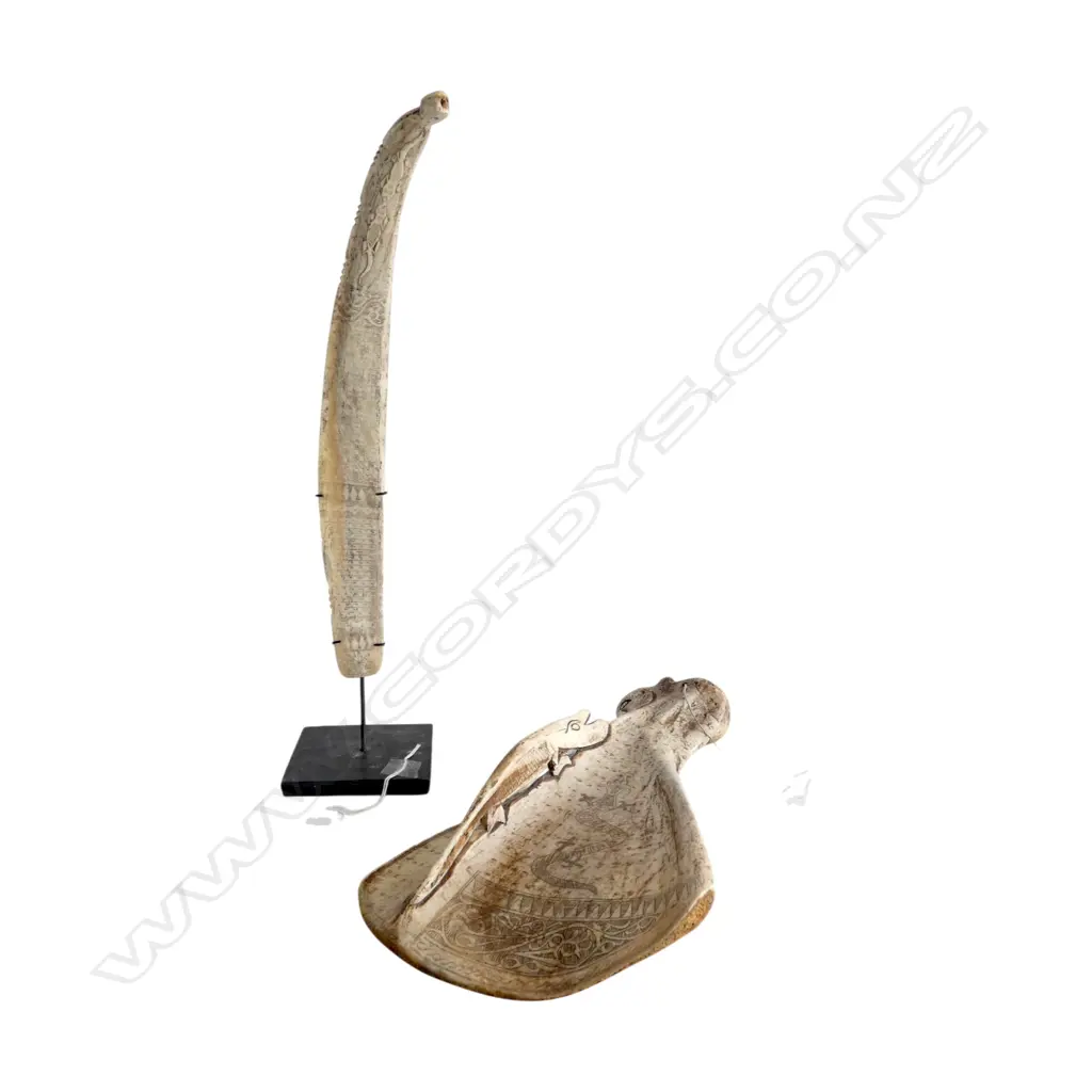 INDONESIAN BATAK CARVED BONE SPATULA + OTHER INDONESIAN CARVED RIB BON on stand H.440mm Image 1++