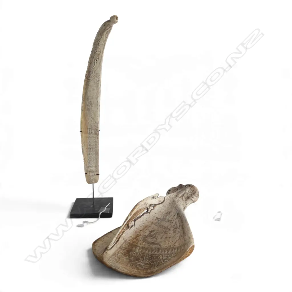 INDONESIAN BATAK CARVED BONE SPATULA + OTHER INDONESIAN CARVED RIB BONE on stand H.440mm Image 1++