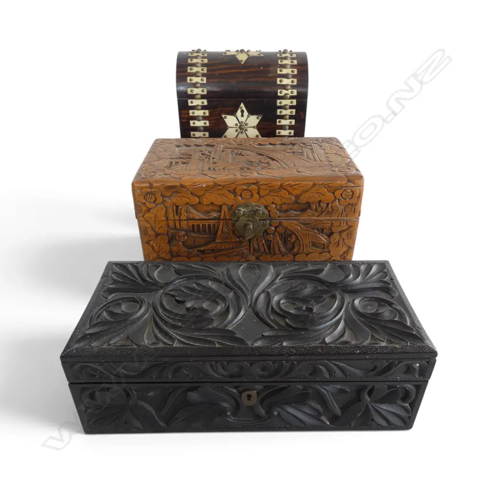 3 PCS; ANTIQUE VICTORIAN TEACADDY, INDIAN HARDWOOD w PORCUPINE QUILL INTERIOR, CARVED CHINESE CAMPHOR SML CHEST Image 1++