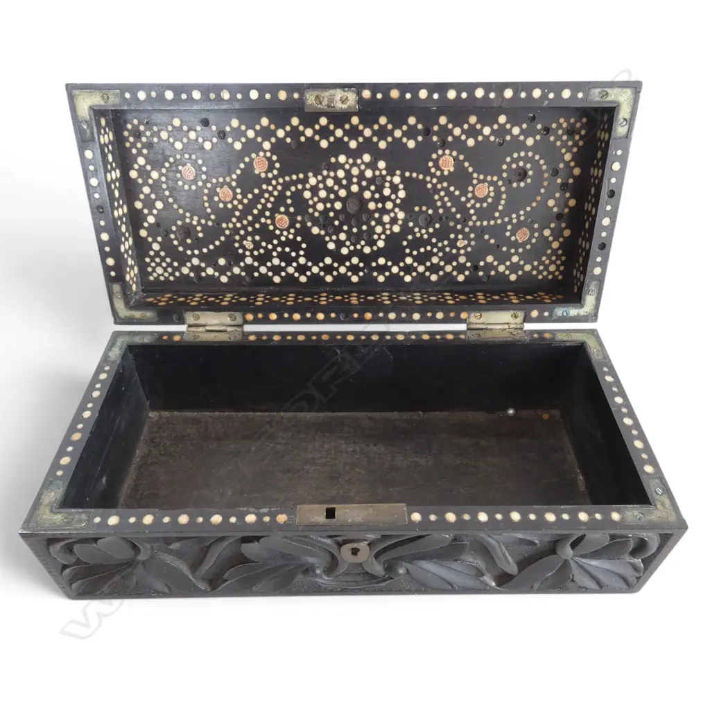 3 PCS; ANTIQUE VICTORIAN TEACADDY, INDIAN HARDWOOD w PORCUPINE QUILL INTERIOR, CARVED CHINESE CAMPHOR SML CHEST Image 1++