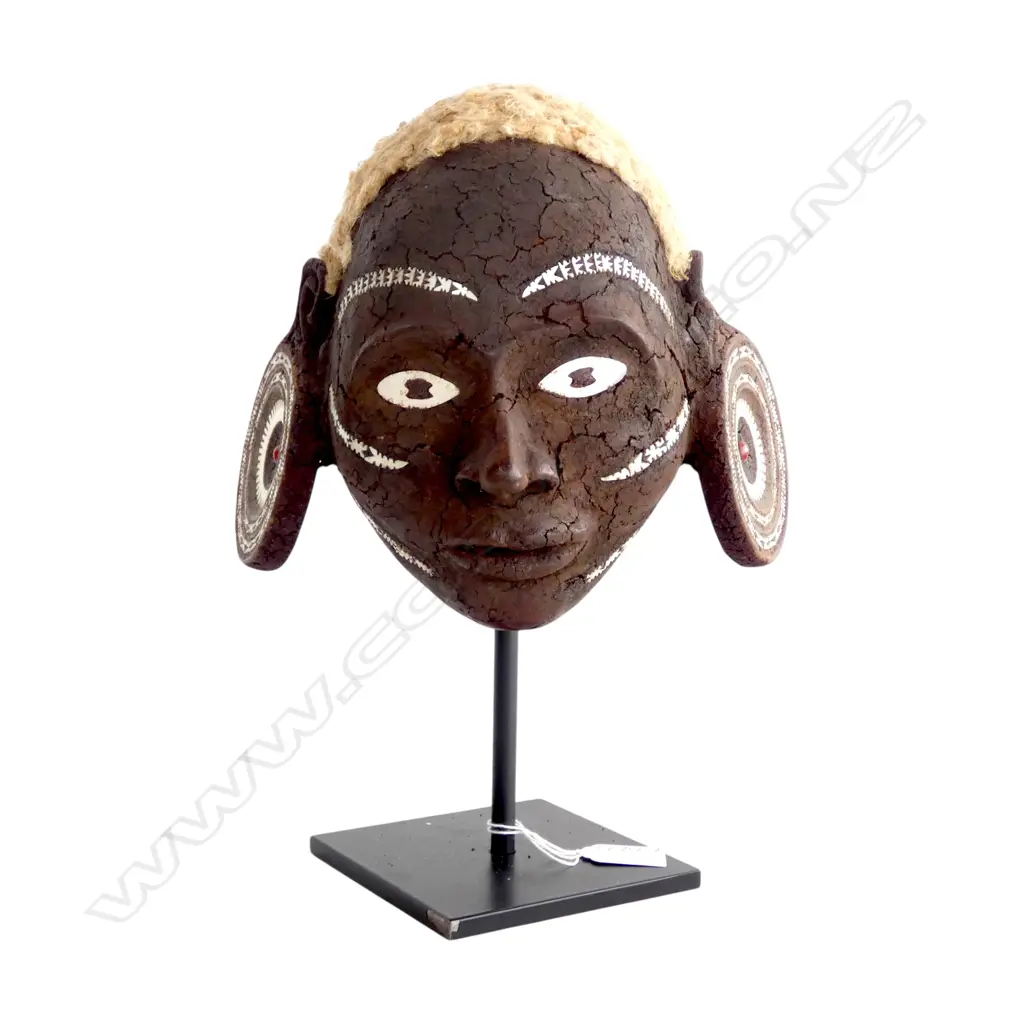 SOLOMON ISLANDS crackled CLAY FINISH HEAD SCULPTURE inlaid tridacna shell including large ear lobes. On stand. 320mm Image 1++