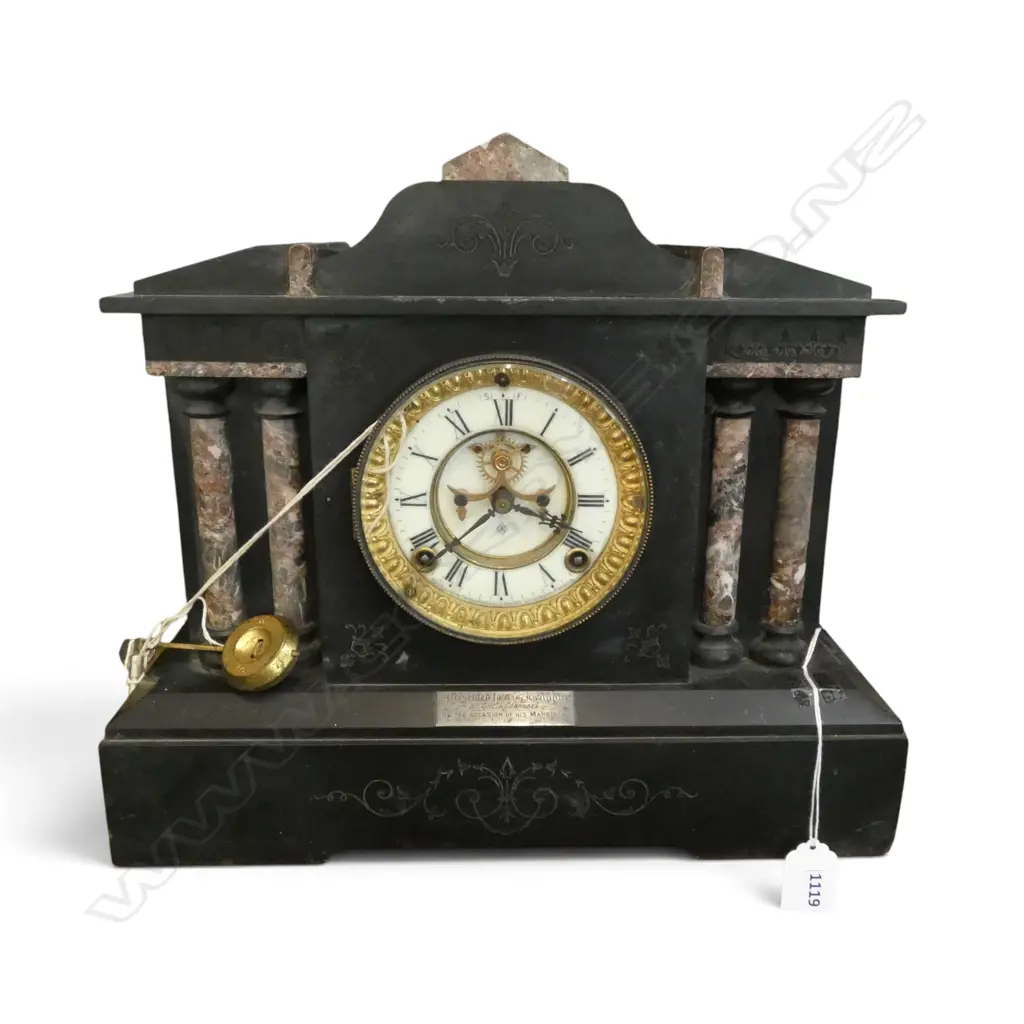 ANSONIA SLATE MANTEL CLOCK w. key, pendulum & presentation plaque W.365mm Image 1++
