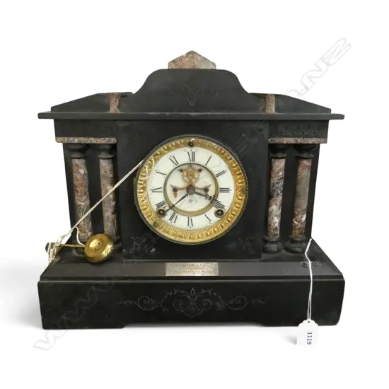 ANSONIA SLATE MANTEL CLOCK w. key, pendulum & presentation plaque W.365mm