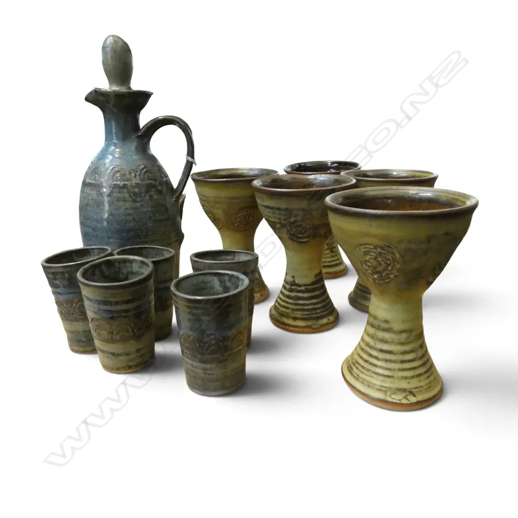 5 JANET & WILF WRIGHT STUDIO POTTERY GOBLETS + STUDIO POTTERY DECANTER & 5 CUPS Image 1++