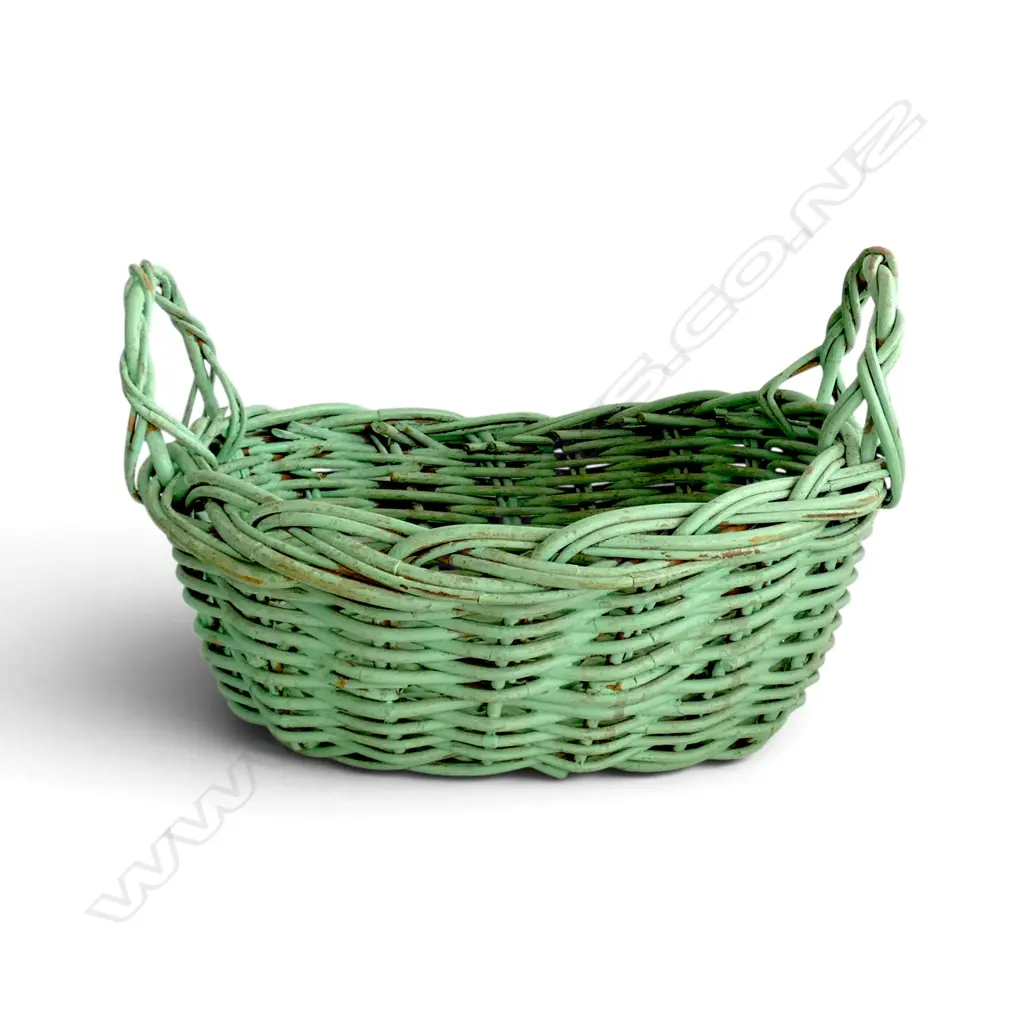 ANTIQUE WOVEN WICKER BASKET IN MINT GREEN, L. 440mm W.410mm H.280mm (including handles) Image 1++