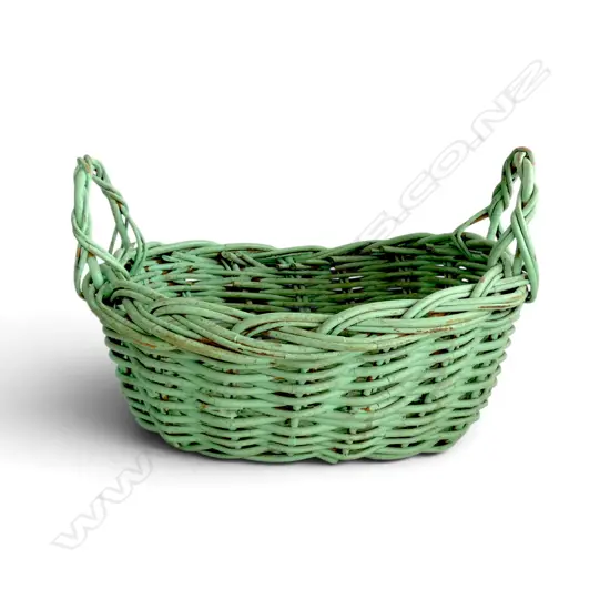 ANTIQUE WOVEN WICKER BASKET IN MINT GREEN, L. 440mm W.410mm H.280mm (including handles)
