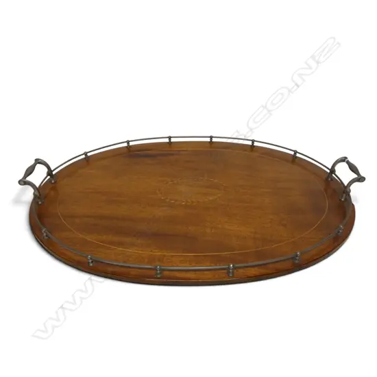 ANTIQUE INLAID OAK GALLERY TRAY W.615mm